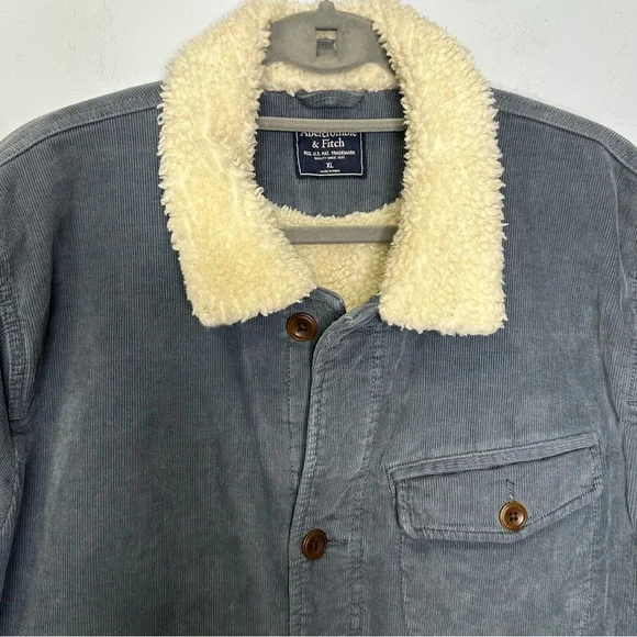 Abercrombie & Fitch Men’s Gray Sherpa Lined Buttoned Corduroy Jacket Size XL